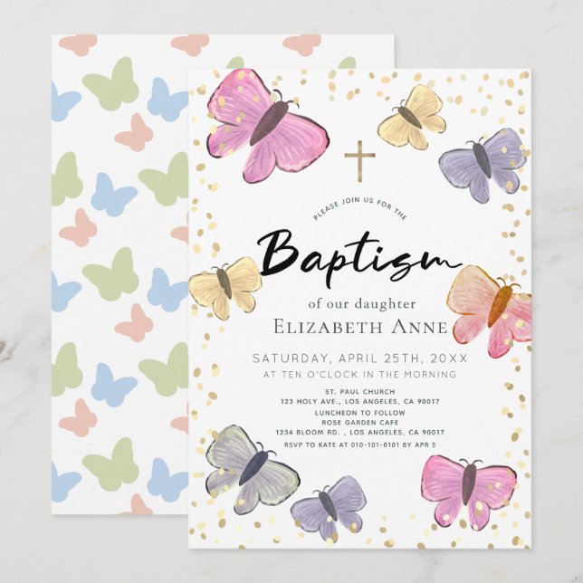 Invitation Pastel Color Butterfly Girl Baptême (Devant / Derrière)