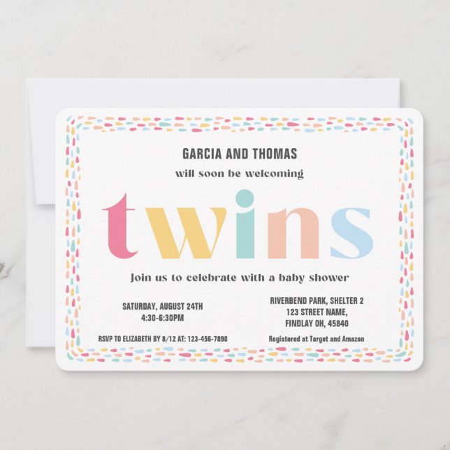 Invitation Pastel Colors Arc-en-ciel Baby shower jumeaux Pars (Devant)