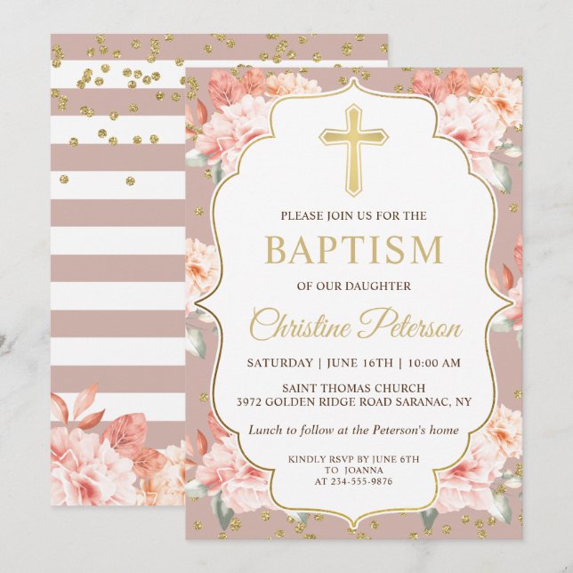 Invitation Pastel Coral Floral Gold Cross Girl Baptême (Devant / Derrière)
