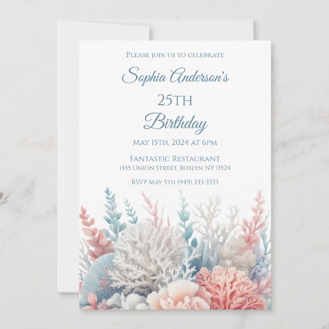 Invitation Pastel Coral Reef-Beach Thème- Anniversaire (Devant)