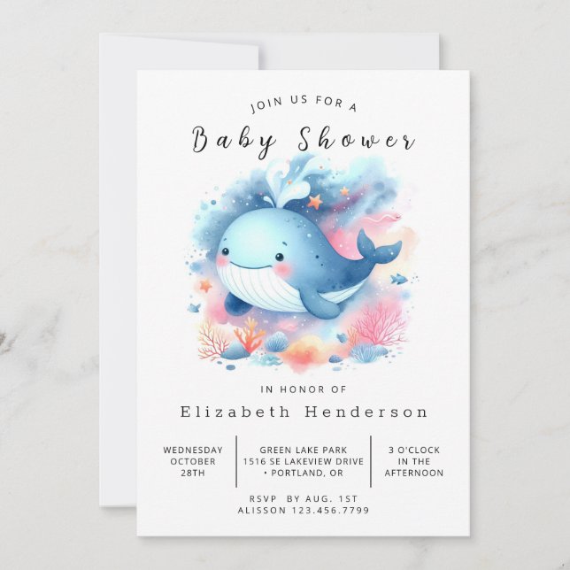 Invitation Pastel Custom Whale Baby shower (Devant)
