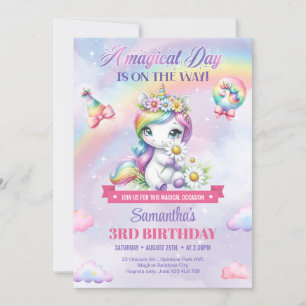 Invitation Pastel Cute licorne avec fleurs troisième annivers