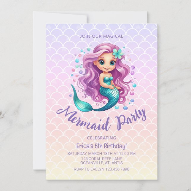 Invitation Pastel Cute Mermaid Scales Aquarelle Anniversaire (Devant)
