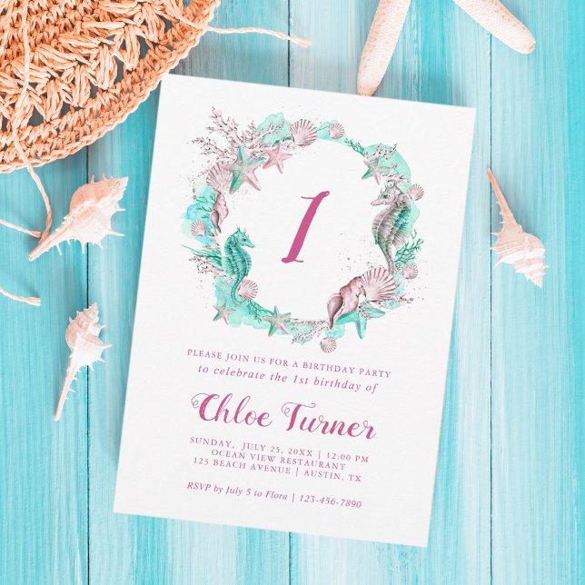 Invitation Pastel Cyan & Rose sous la mer Premier anniversair (Créateur téléchargé)