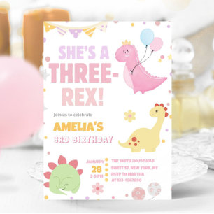 Invitation Pastel Dinosaur 3ème Anniversaire Rose Trois Rex D