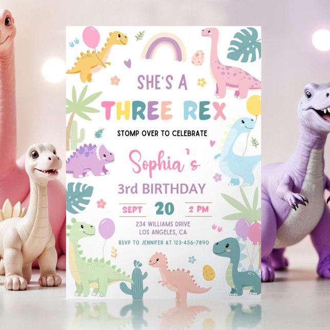 Invitation Pastel Dinosaur Anniversaire Dino Girl Three Rex P (Créateur téléchargé)