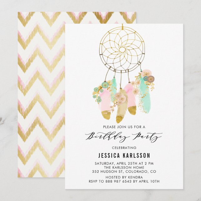 Invitation Pastel Dreamcatcher Faux Gold Foil Anniversaire (Devant / Derrière)