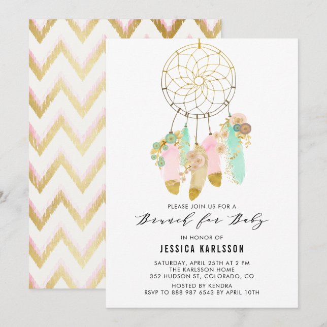 Invitation Pastel Dreamcatcher Gold Foil Baby shower Brunch (Devant / Derrière)