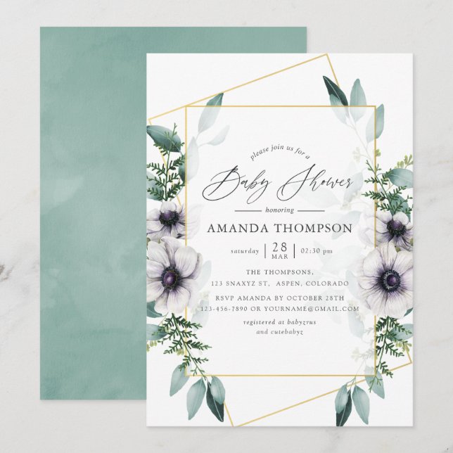 Invitation Pastel Eucalyptus Anemone Baby shower géométrique (Devant / Derrière)