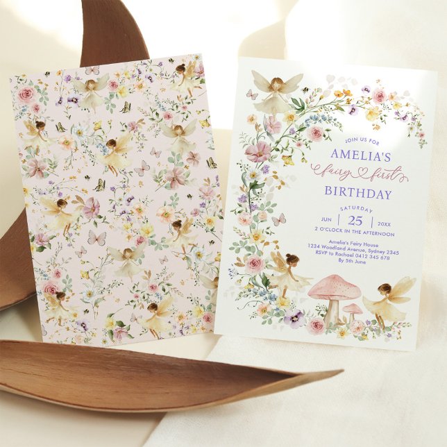 Invitation Pastel Fleur sauvage Fairy Premier Anniversaire Fê (Créateur téléchargé)