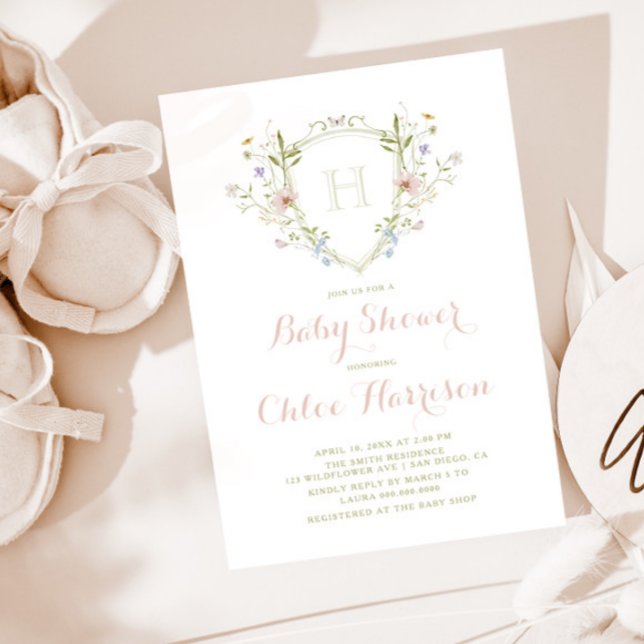 Invitation Pastel Fleur sauvage Monogram Crest Baby shower (Créateur téléchargé)
