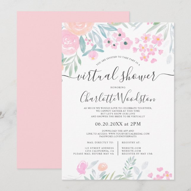 Invitation Pastel floral aquarelle script douche virtuelle (Devant / Derrière)