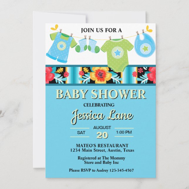 Invitation Pastel Floral et Plaid Boy Baby shower (Devant)