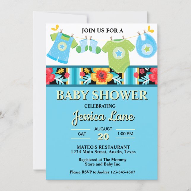 Invitation Pastel Floral et Plaid Boy Baby shower (Devant)
