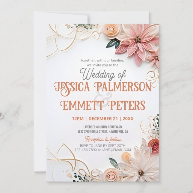 Invitation Pastel Floral Mariage Verdure Cadre Papier Quillin (Devant)