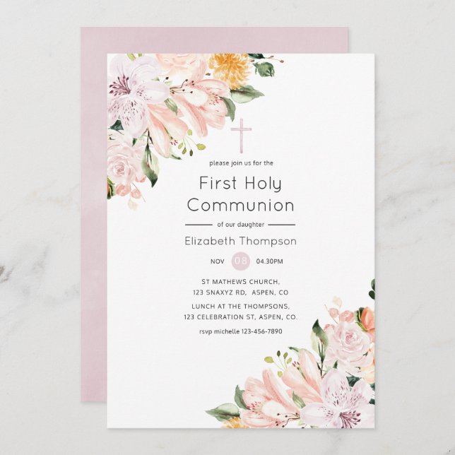 Invitation Pastel Floral Première Sainte Communion (Devant / Derrière)