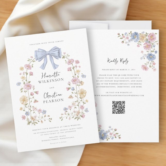 Invitation Pastel Floral Wreath QR Code Wedding Website  (Créateur téléchargé)