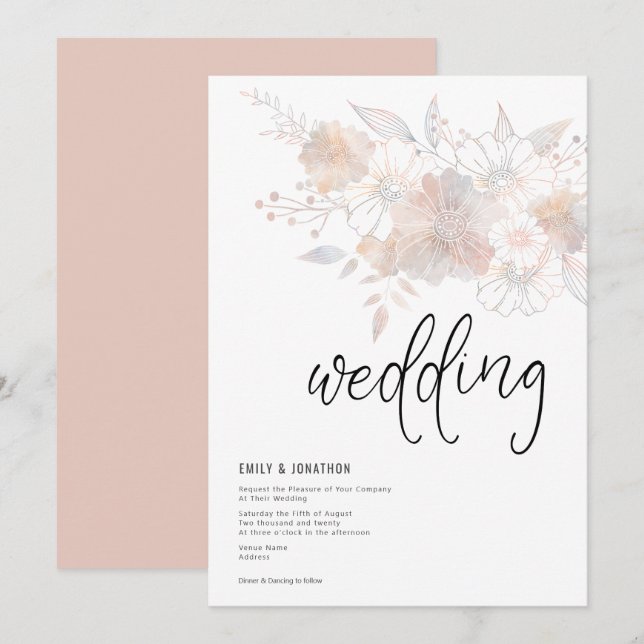 Invitation Pastel Florals Blush Peach Grey Mariage (Devant / Derrière)