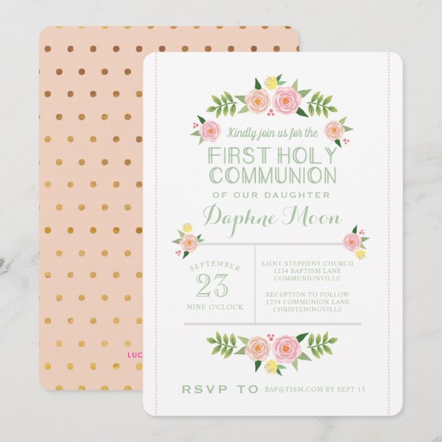 Invitation Pastel Flowers Première communion sainte Invitatio (Devant / Derrière)