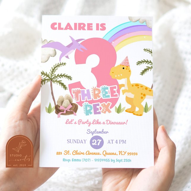 Invitation Pastel Girl Dinosaur Trois Rex fête d'anniversaire (Créateur téléchargé)