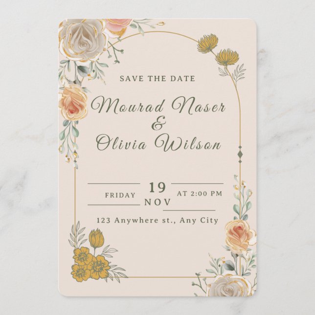 Invitation Pastel Gold Floral Wedding Save the Date Card (Devant)