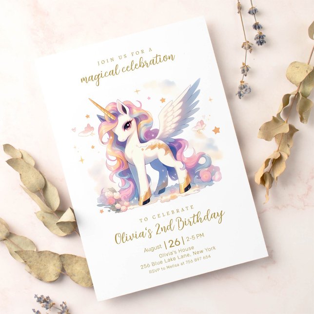 Invitation Pastel Gold Unicorn et Rainbow Magique Anniversair (Créateur téléchargé)