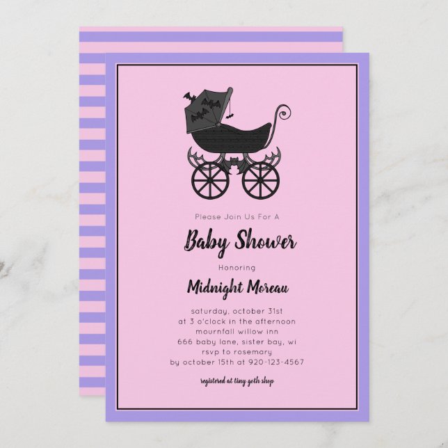 Invitation Pastel Gothic Stroller Baby shower de chauve-souri (Devant / Derrière)