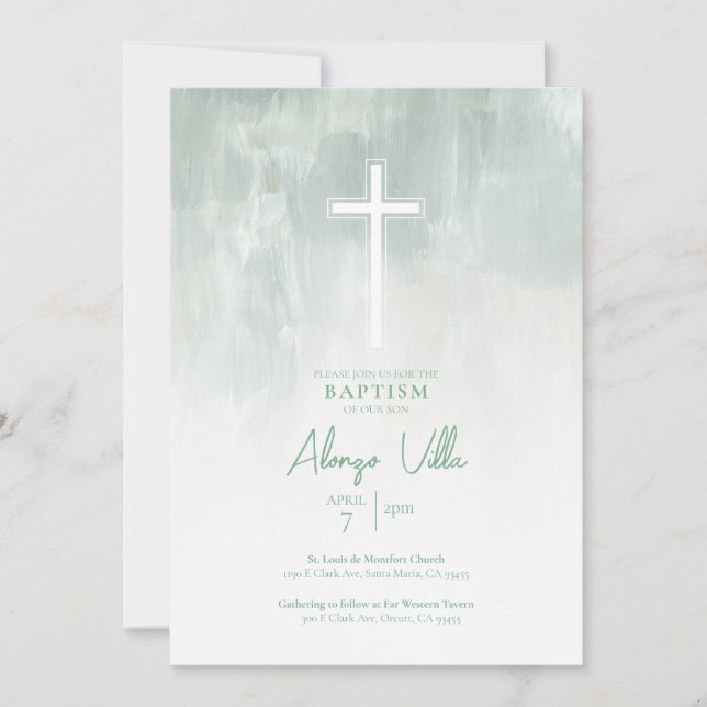 Invitation Pastel Green Religieux Catholique Baptême Invitati (Devant)