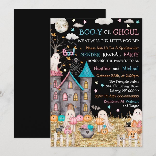 Invitation Pastel Halloween Baby shower de révélation de genr (Devant / Derrière)