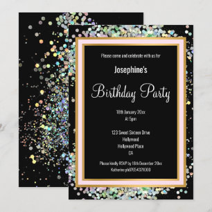INVITATION PASTEL HOLOGRAPHIQUE DOUBLE ROSE NOIRE OR ANNIVERS