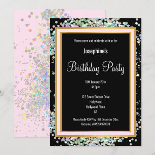 INVITATION PASTEL HOLOGRAPHIQUE NOIR ROSE OR ANNIVERSAIRE