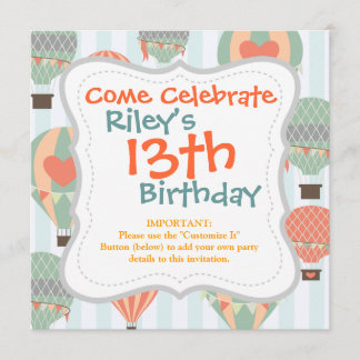 Invitation Pastel Hot Air Balloons se lèvent sur Blue Stripat