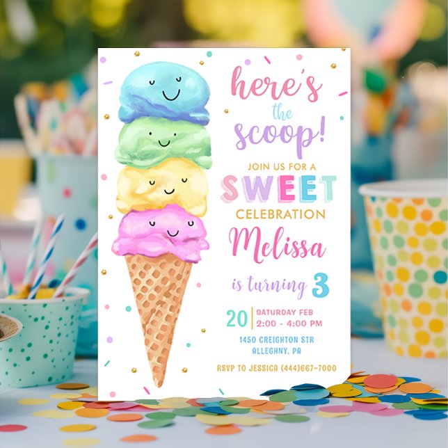 Invitation Pastel Ice Cream Voici l'anniversaire de Scoop (Créateur téléchargé)