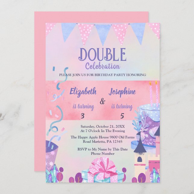 Invitation Pastel Joint Girls Double Birthday Celebration (Devant / Derrière)