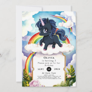 Invitation Pastel Kids Black Unicorn Anniversaire