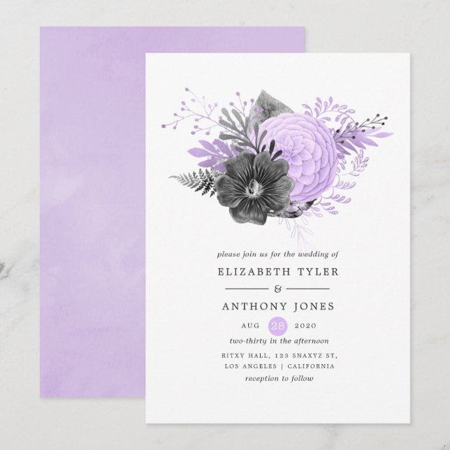 Invitation Pastel Lilac et Mariage de charbon de bois (Devant / Derrière)