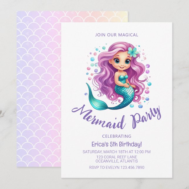 Invitation Pastel Little Mermaid Watercolor Girl Anniversaire (Devant / Derrière)