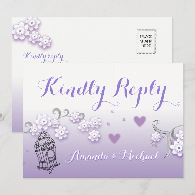 Invitation Pastel lovebirds mariage personnalisé Kindly Répon (Devant / Derrière)