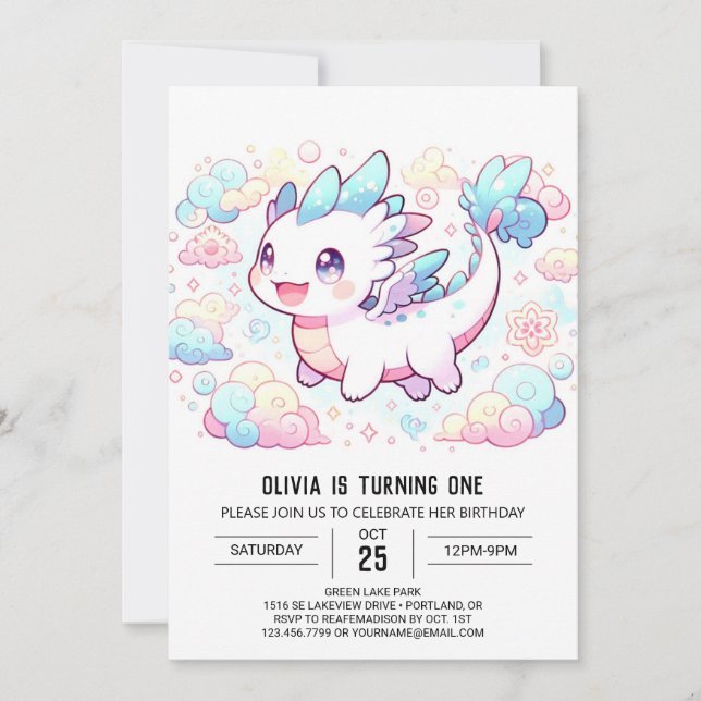 Invitation Pastel Majestic Dragon 1er Anniversaire (Devant)