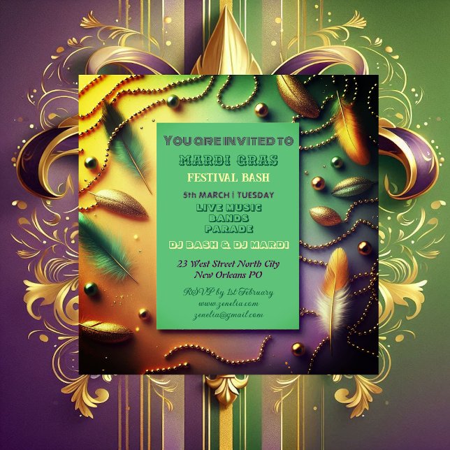 Invitation Pastel Mardi Gras Festival Perles de Plumes Bash O (Pastel Mardi Gras Festival Bash Feather Beads Gold Invitation)