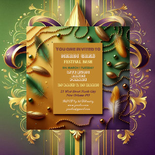 Invitation Pastel Mardi Gras Festival Plumes de Bain perle or
