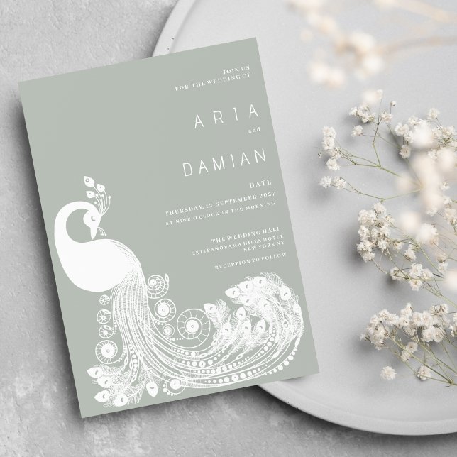 Invitation Pastel ment blanc paon royal élégant Mariage (Pastel mint white royal peacock elegant Wedding)
