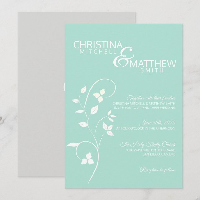 Invitation Pastel Mint Green & Light Grey Vine Mariage (Devant / Derrière)