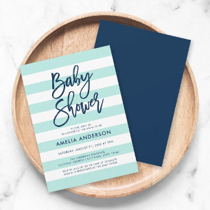 Invitation Pastel Mint & White Stripes Baby shower bleu