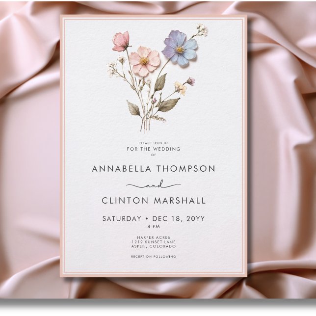 Invitation Pastel moderne Fleur sauvage Mariage rose (Modern Pressed Pastel Wildflowers Wedding Invitation)