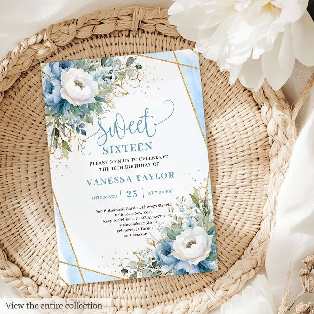 Invitation Pastel mousseux Bleu Blanc Floral Doux 16 Invitati (Sparkling Pastel Blue White Floral Sweet 16 Invitation)