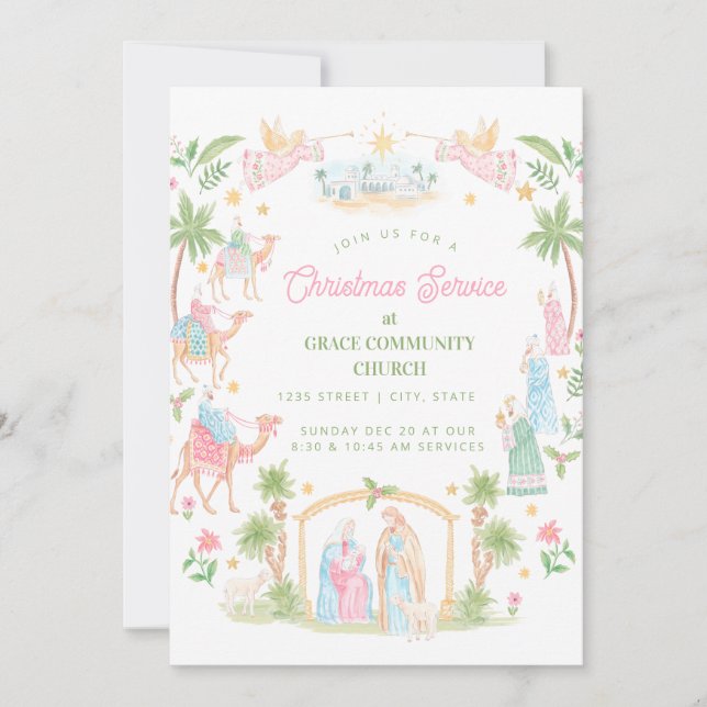 Invitation Pastel Nativity Christmas Service | Church (Devant)