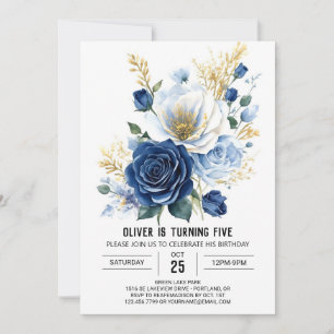 Invitation Pastel Navy Blue Floral Anniversaire