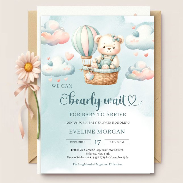 Invitation Pastel on peut attendre baby shower fille (Pastel colors we can bearly wait girl baby shower invitation )