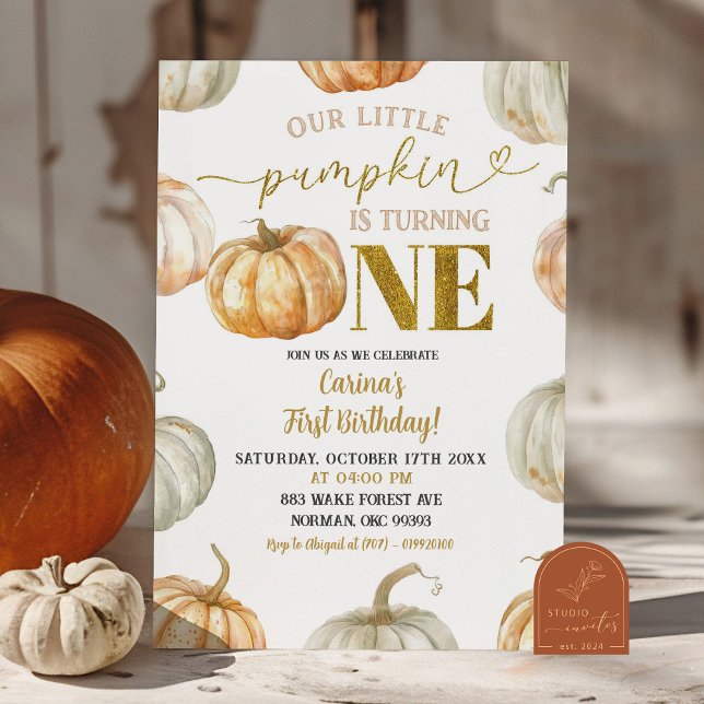 Invitation Pastel Orange et Citrouille d'or premier anniversa (Créateur téléchargé)